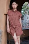 Shop_The Terra Tribe_Brown Organic Cotton Solid Collared Sunrise Gathered Shirt Dress _Online_at_Aza_Fashions