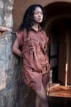 Shop_The Terra Tribe_Brown Organic Cotton Printed Line Collared Sunrise Shirt Dress _at_Aza_Fashions