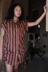 Shop_The Terra Tribe_Brown Organic Cotton Printed Stripe Collared Sunrise Shirt Dress _Online_at_Aza_Fashions