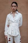 The Terra Tribe_Off White Organic Cotton Plain Collared Nara Button Down Front Knot Shirt _Online_at_Aza_Fashions