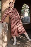 Buy_The Terra Tribe_Brown Organic Cotton Print Stripe Notch Lapel Copenhagen Trench Dress_at_Aza_Fashions