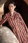 Buy_The Terra Tribe_Brown Organic Cotton Print Stripe Notch Lapel Copenhagen Trench Dress_Online_at_Aza_Fashions