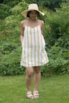 Buy_The Terra Tribe_Yellow Linen Printed Striped Sweetheart California Pattern Slip Dress _at_Aza_Fashions