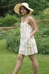 Shop_The Terra Tribe_Yellow Linen Printed Striped Sweetheart California Pattern Slip Dress _Online_at_Aza_Fashions