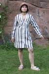 Buy_The Terra Tribe_Grey Linen Twill Printed Striped V Neck Brooklyn Shift Dress _at_Aza_Fashions