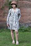 Shop_The Terra Tribe_Grey Linen Twill Printed Striped V Neck Brooklyn Shift Dress _at_Aza_Fashions