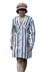 Shop_The Terra Tribe_Grey Linen Twill Printed Striped V Neck Brooklyn Shift Dress _Online_at_Aza_Fashions