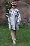 The Terra Tribe_Grey Linen Twill Printed Striped V Neck Brooklyn Shift Dress _at_Aza_Fashions