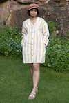 Buy_The Terra Tribe_Yellow Linen Twill Printed Striped V Neck Brooklyn Pattern Shift Dress _at_Aza_Fashions