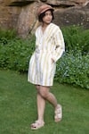 Shop_The Terra Tribe_Yellow Linen Twill Printed Striped V Neck Brooklyn Pattern Shift Dress _at_Aza_Fashions