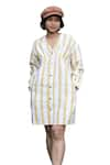 Buy_The Terra Tribe_Yellow Linen Twill Printed Striped V Neck Brooklyn Pattern Shift Dress _Online_at_Aza_Fashions