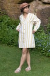 Shop_The Terra Tribe_Yellow Linen Twill Printed Striped V Neck Brooklyn Pattern Shift Dress _Online_at_Aza_Fashions