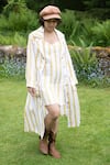 Buy_The Terra Tribe_Yellow Linen Twill Printed Striped Lapel Collar Summer Pattern Trench Jacket _at_Aza_Fashions