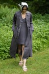 Buy_The Terra Tribe_Grey Linen Twill Solid Lapel Collar Summer Trench Jacket _at_Aza_Fashions