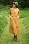 Buy_The Terra Tribe_Yellow Linen Twill Solid Lapel Collar Summer Plain Trench Jacket _at_Aza_Fashions