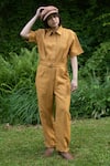 Buy_The Terra Tribe_Yellow Linen Twill Solid Collar Plain Jumpsuit _at_Aza_Fashions