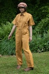 Shop_The Terra Tribe_Yellow Linen Twill Solid Collar Plain Jumpsuit _at_Aza_Fashions