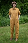 Buy_The Terra Tribe_Yellow Linen Twill Solid Collar Plain Jumpsuit _Online_at_Aza_Fashions