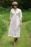 Buy_The Terra Tribe_Yellow Linen Printed Striped V Neck Flared Dress _at_Aza_Fashions