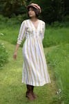 The Terra Tribe_Yellow Linen Printed Striped V Neck Flared Dress _Online_at_Aza_Fashions