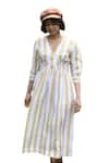 Buy_The Terra Tribe_Yellow Linen Printed Striped V Neck Flared Dress _Online_at_Aza_Fashions