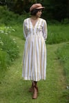 The Terra Tribe_Yellow Linen Printed Striped V Neck Flared Dress _at_Aza_Fashions