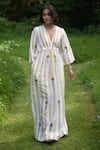 Buy_The Terra Tribe_Yellow Linen Printed Striped V Neck Pattern Flared Dress _at_Aza_Fashions