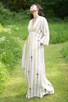 Shop_The Terra Tribe_Yellow Linen Printed Striped V Neck Pattern Flared Dress _at_Aza_Fashions