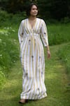 The Terra Tribe_Yellow Linen Printed Striped V Neck Pattern Flared Dress _Online_at_Aza_Fashions