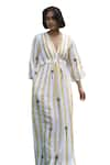 Shop_The Terra Tribe_Yellow Linen Printed Striped V Neck Pattern Flared Dress _Online_at_Aza_Fashions