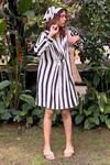 Buy_The Terra Tribe_Black Linen Printed Stripe V Neck Florence Dress _Online_at_Aza_Fashions