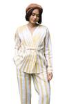 Shop_The Terra Tribe_Yellow Linen Printed Stripe V Neck Florence Top _Online_at_Aza_Fashions