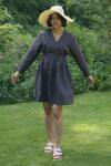 Shop_The Terra Tribe_Grey Linen Plain V Neck Hawai Shift Dress _at_Aza_Fashions