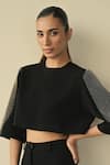 Somya Goyal_Black 95% Microfiber Faille Embroidered Pvc Loops Round Crystal Crop Top _at_Aza_Fashions