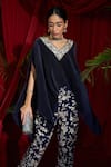 Shop_Tasuvure Indes_Blue Silk Embroidered Thread One-shoulder Reyna Cape And Pant Set _at_Aza_Fashions