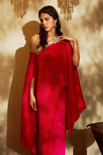 Buy Red Silk Ayvah Divine Embroidered Cape With Plisse Pant For Women ...