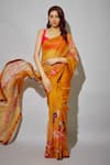 Buy_wildflower by krishna_Yellow Organza Printed Flower Sweetheart Neck Pre-draped Saree With Blouse _at_Aza_Fashions