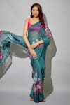 Buy_wildflower by krishna_Blue Organza Printed Botanical Sweetheart Neck Pre-draped Saree With Blouse _at_Aza_Fashions