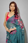 wildflower by krishna_Blue Organza Printed Botanical Sweetheart Neck Pre-draped Saree With Blouse _Online_at_Aza_Fashions