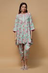 Buy_wildflower by krishna_Blue French Crepe Print Mughal Bloom Round Neck Kurta With Dhoti Pant _at_Aza_Fashions