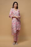 Buy_wildflower by krishna_Pink French Crepe Print Flora V Neck High Low Kurta With Pant _at_Aza_Fashions