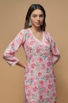 Buy_wildflower by krishna_Pink French Crepe Print Flora V Neck High Low Kurta With Pant _Online_at_Aza_Fashions