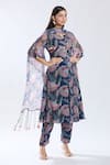 Buy_Preeti Jhawar_Blue Chiffon Notched Bird Pattern A-line Kurta Pant Set _at_Aza_Fashions