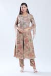 Buy_Preeti Jhawar_Beige Chiffon Embroidered Sequin Notched Floral Pattern Kurta And Pant Set _at_Aza_Fashions