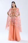 Buy_Preeti Jhawar_Peach Chiffon Embroidered Thread Round Asymmetric Cape Kurta Set _at_Aza_Fashions