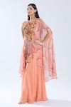 Buy_Preeti Jhawar_Peach Chiffon Embroidered Thread Round Asymmetric Cape Kurta Set 