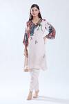 Shop_Preeti Jhawar_White Chiffon V Neck Floral Pattern Kurta And Pant Set _at_Aza_Fashions