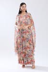 Buy_Preeti Jhawar_Peach Chiffon V Neck Floral Pattern Asymmetric Cape Sharara Set _at_Aza_Fashions