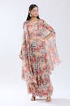 Preeti Jhawar_Peach Chiffon V Neck Floral Pattern Asymmetric Cape Sharara Set _at_Aza_Fashions