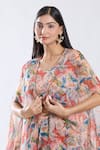 Buy_Preeti Jhawar_Peach Chiffon V Neck Floral Pattern Asymmetric Cape Sharara Set 